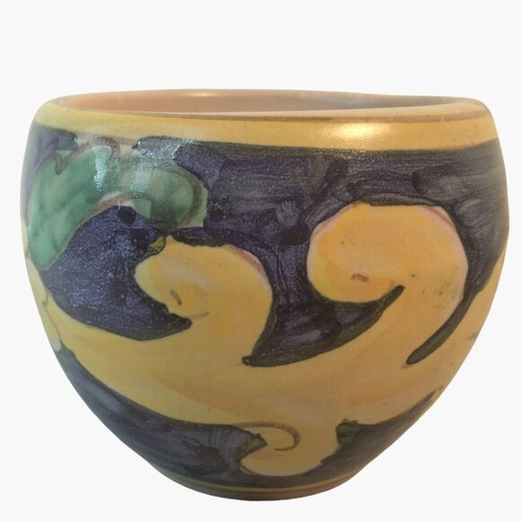 Italian Folk Pottery Pot Blue Yellow Flower Signed Hand Painted Ceramic Floral - Picture 2 of 8